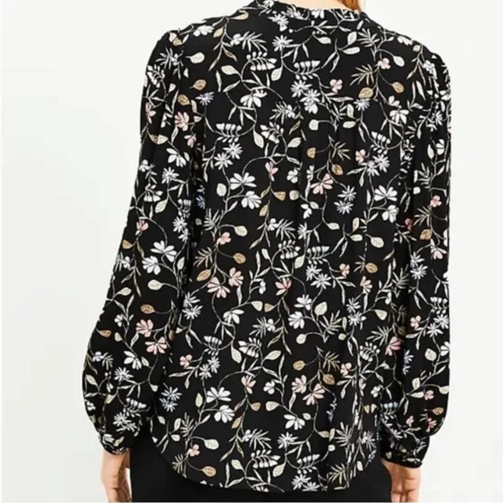 ! LOFT Floral Ruffle Tie Neck Blouse, - Picture 2 of 11